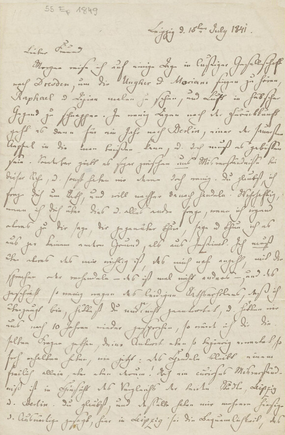 Felix Mendelssohn Bartholdy: Brief an Karl Klingemann, Leipzig 18.07.1841 (55 Ep 1849) 